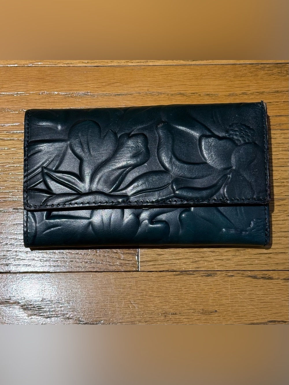 Patricia Nash Dark Forest Green Tooled Floral Leather Trifold Wallet
